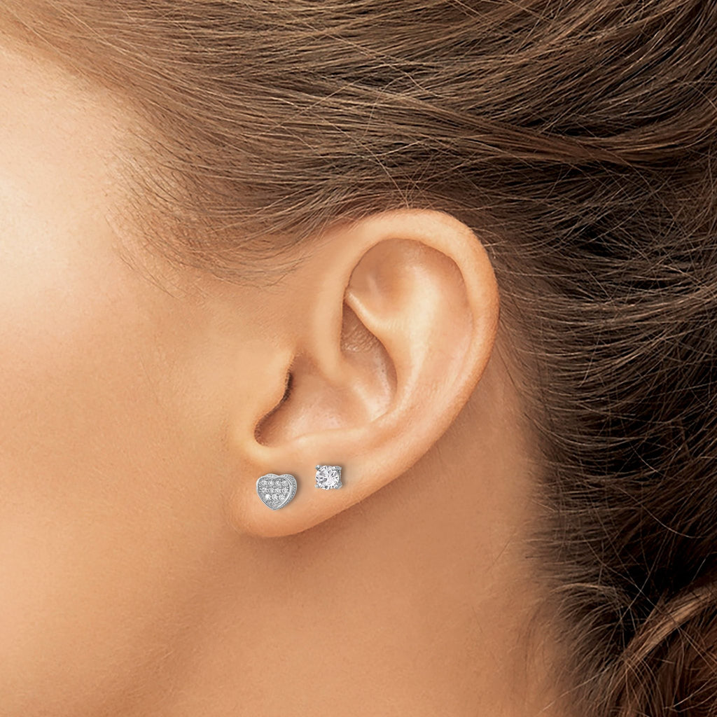 Sterling Silver RH-plated PavÃÂ¢Ã¢âÂ¬ÃÂ¡ CZ Heart/4mm CZ Stud Post Earrings Set
