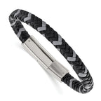 Stainless Steel Polished Black and Grey Braided Leather Bracelet