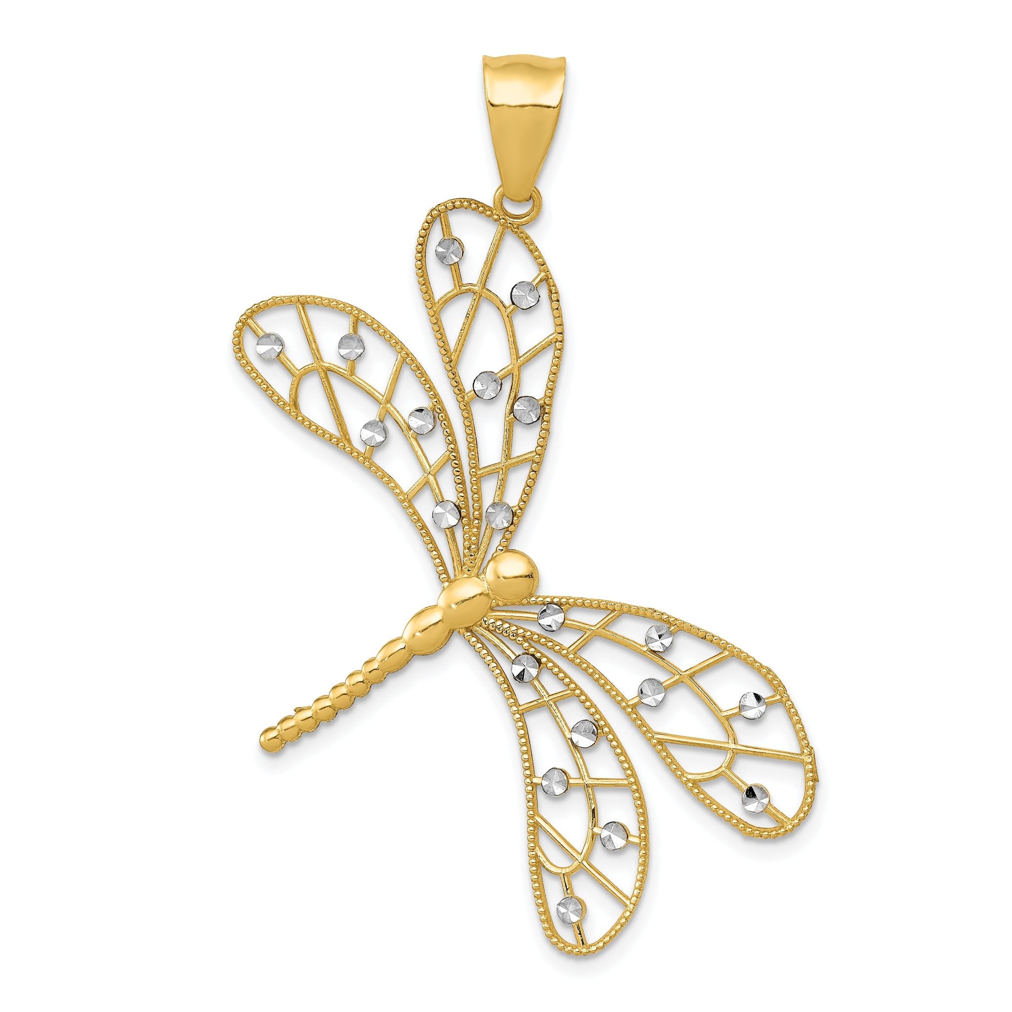 14K Gold and Rhodium Polished Dragonfly Pendant with Diamond-Cut Filigree