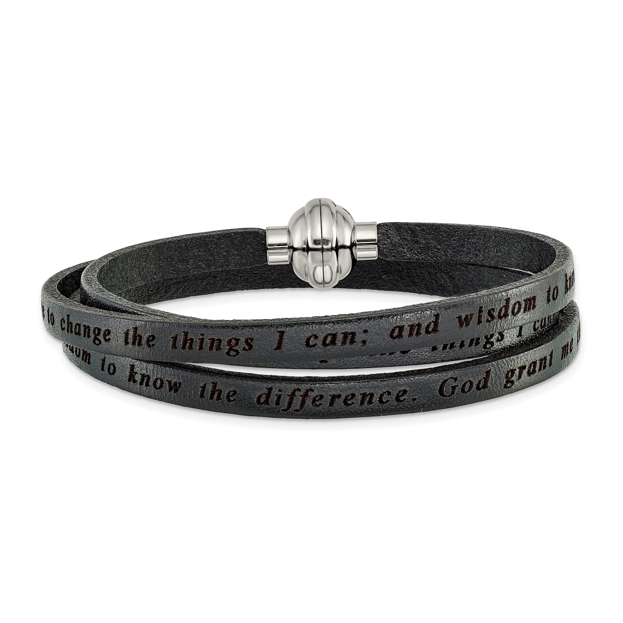 AMEN Stainless Steel Serenity Prayer Black Leather Wrap with Magnetic Clasp 22.25 Inch Bracelet Main image
