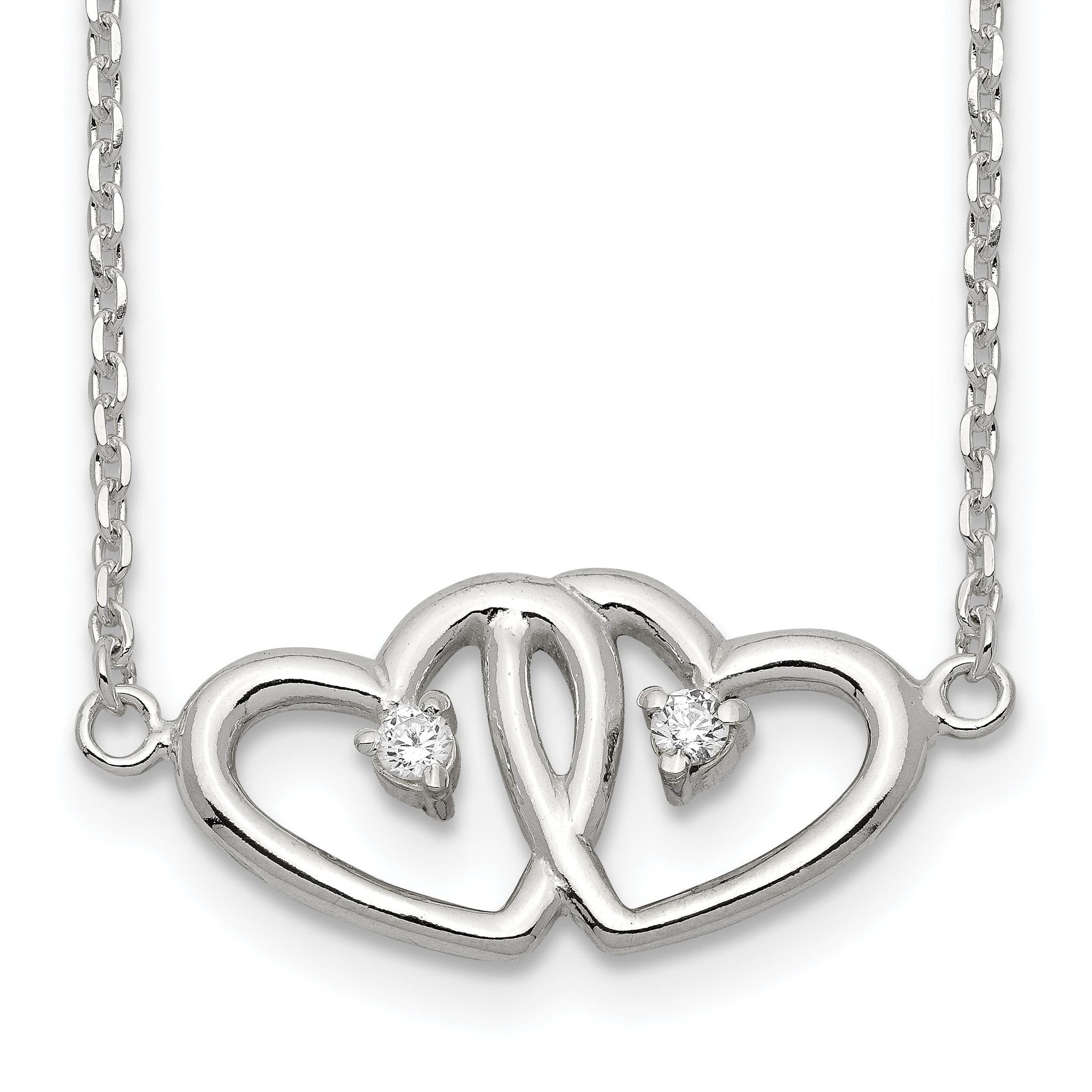 Sterling Silver Polished Two Hearts CZ Necklace Main image