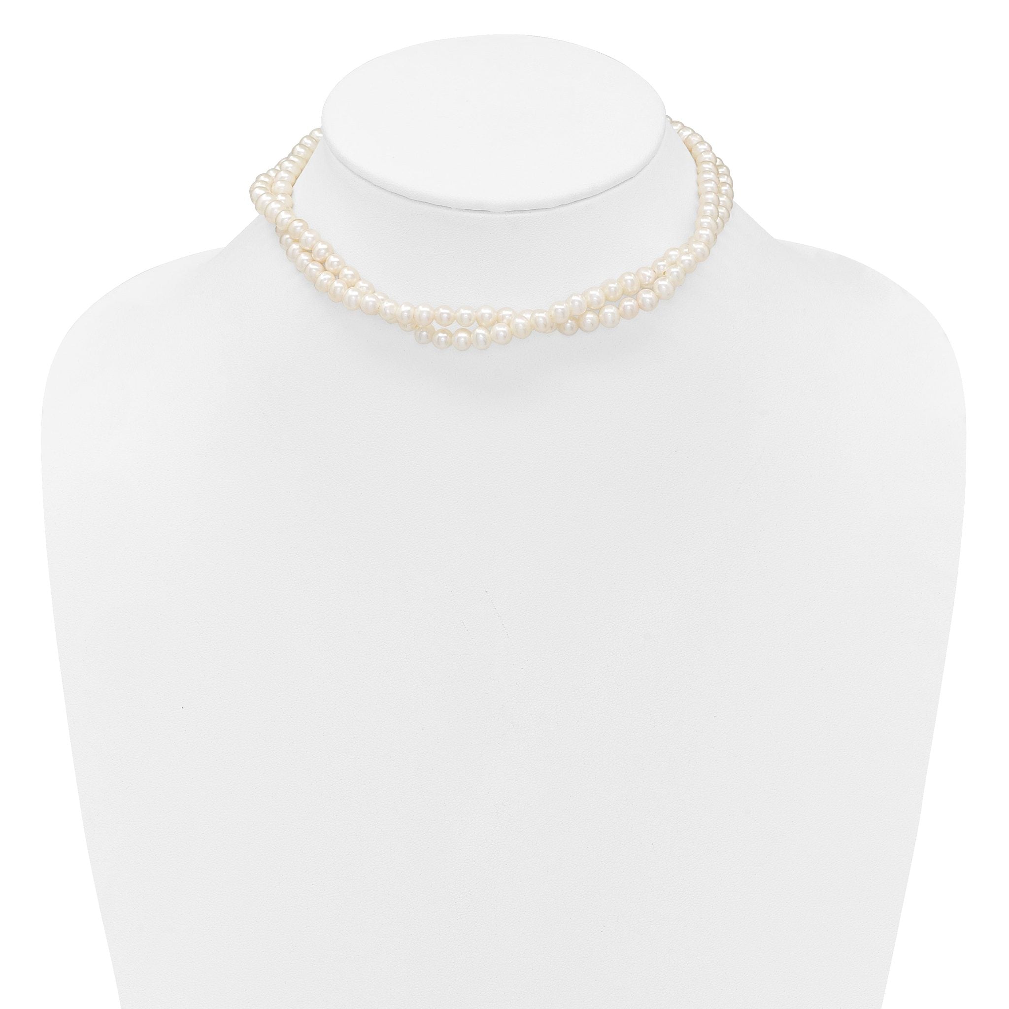 Sterling Silver Rhodium-plated 5-6mm Semi-Round White Freshwater Cultured Pearl 2-Strand 14 inch with 2 inch Extender Choker