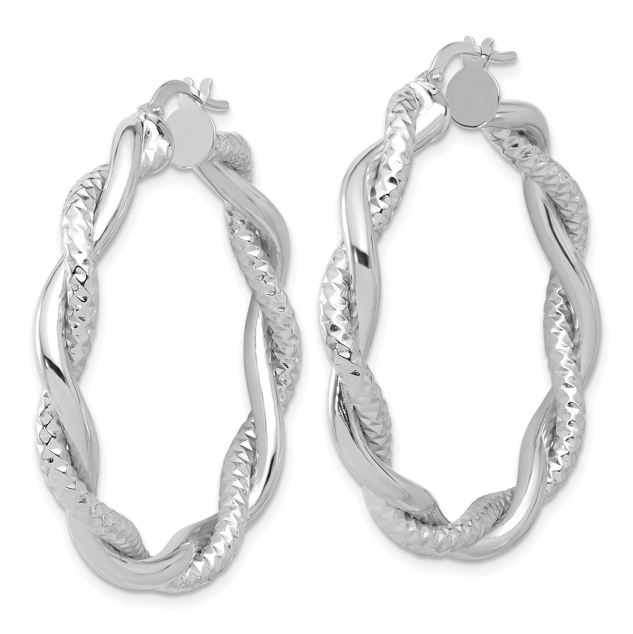14K White Gold Polished and Textured Twisted Round Hoop Earrings Secondary image