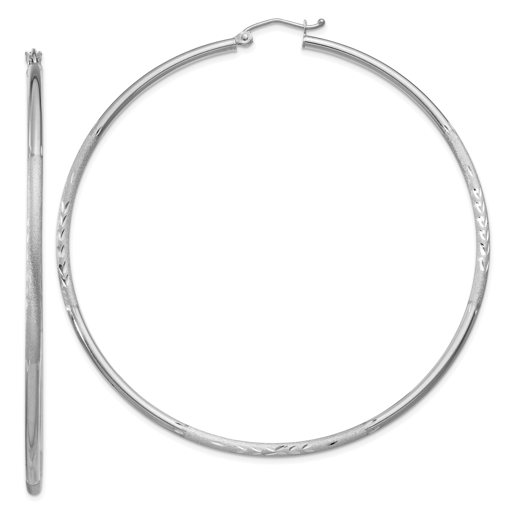 10k White Gold Satin and Diamond-cut 2mm Round Hoop Earrings Main image