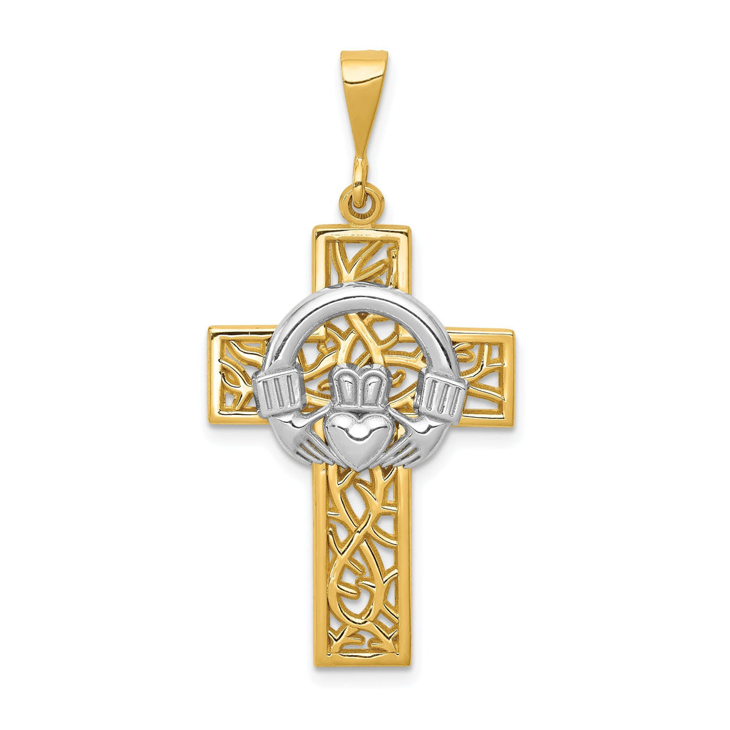 14K Two-Tone Gold Claddagh Cross Pendant with Polished Finish