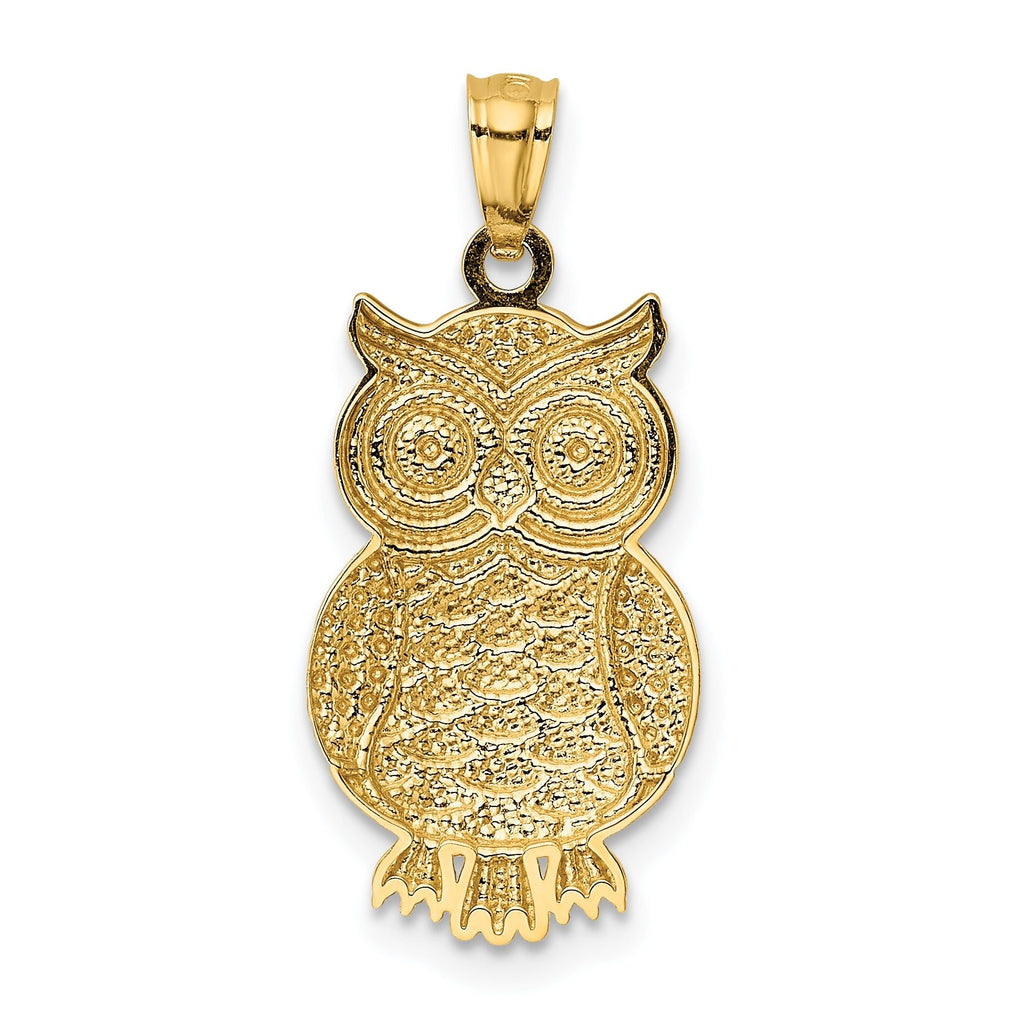 14K Gold Rhodium Accented Owl Pendant with Polished Textured Finish Men's