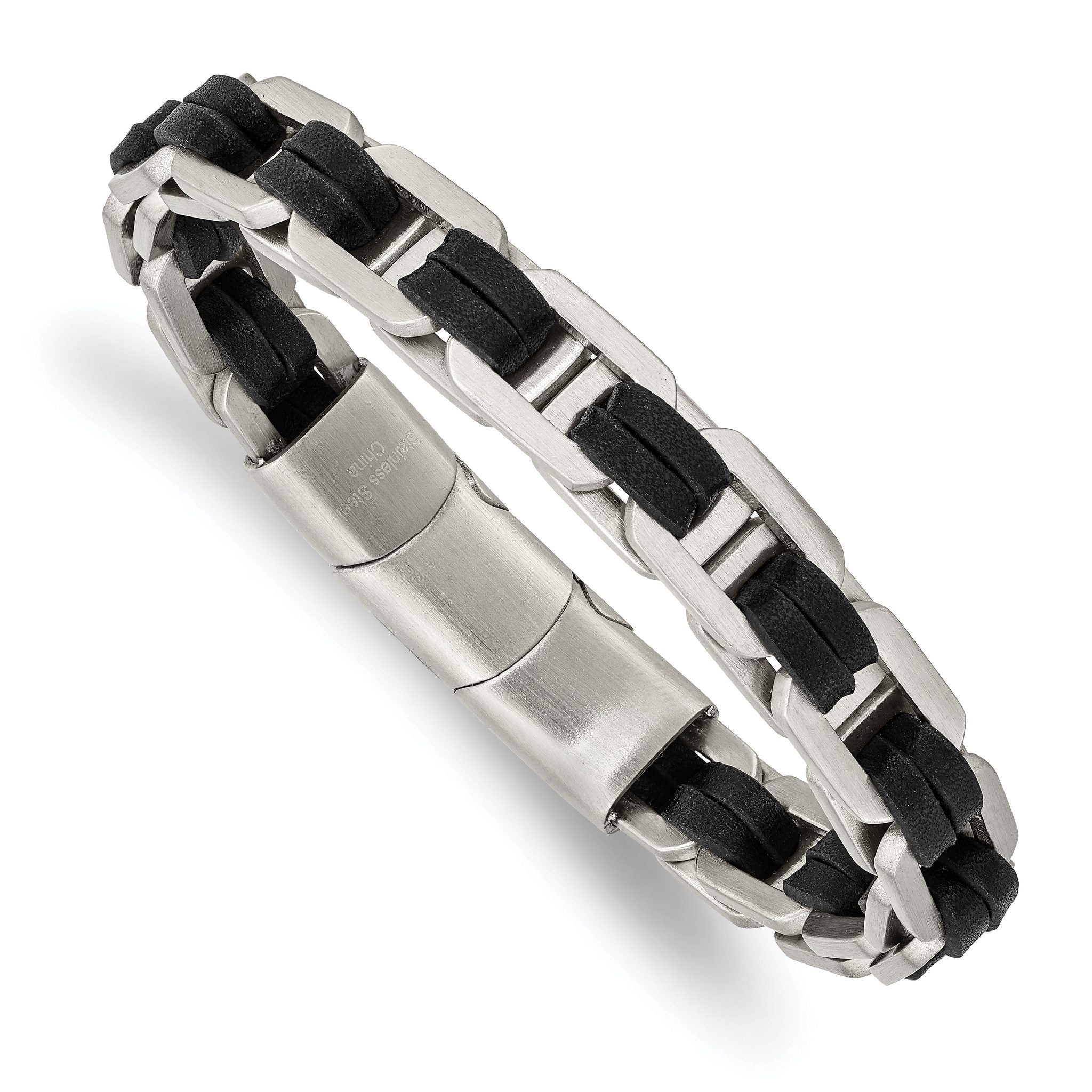 Stainless Steel Brushed with Black PU Leather Bracelet with . Extension Main image