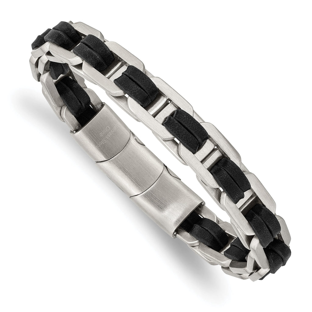 Stainless Steel Brushed with Black PU Leather Bracelet with . Extension