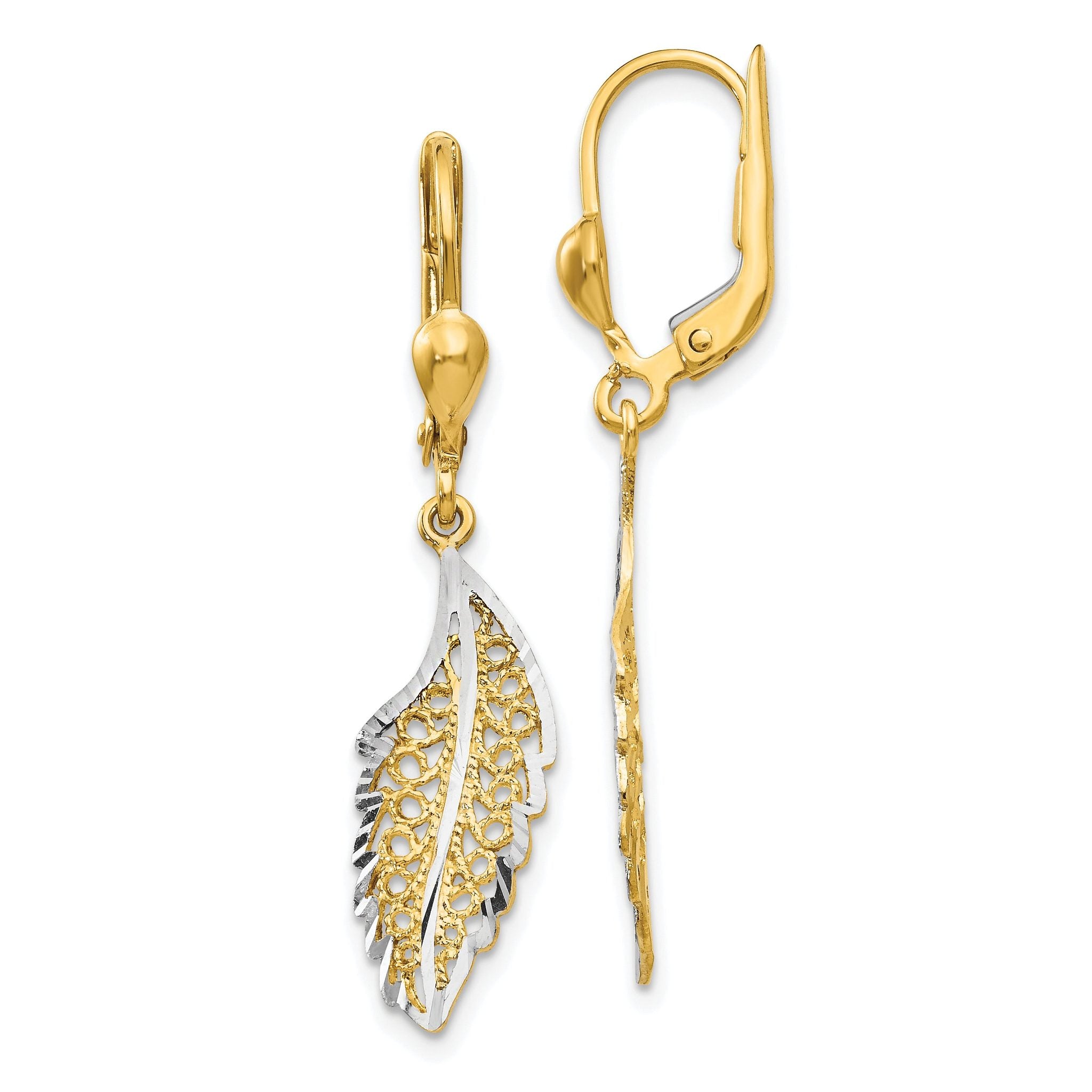 14K and Rhodium Polished and Textured Leaf Leverback Earrings Main image