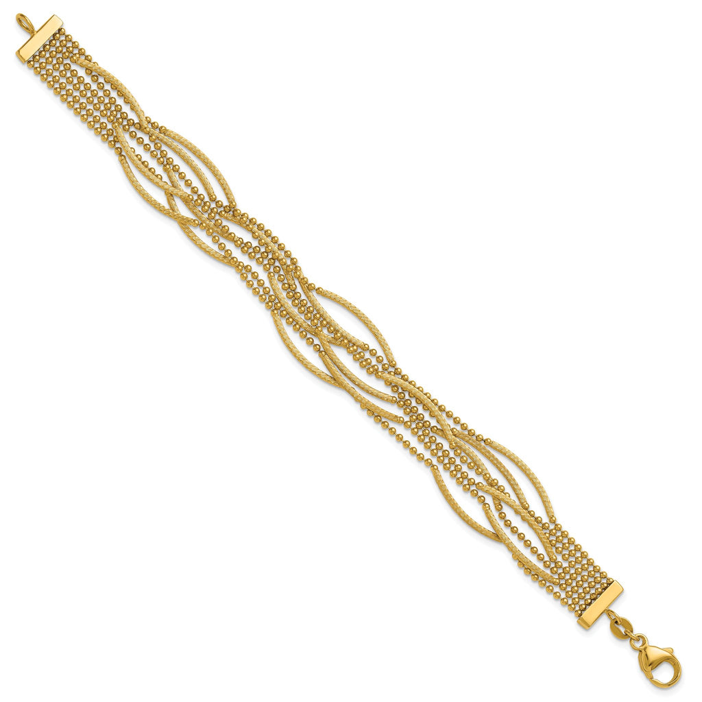 14k Polished and Textured Multi Strand Beaded 7.25 inch Bracelet