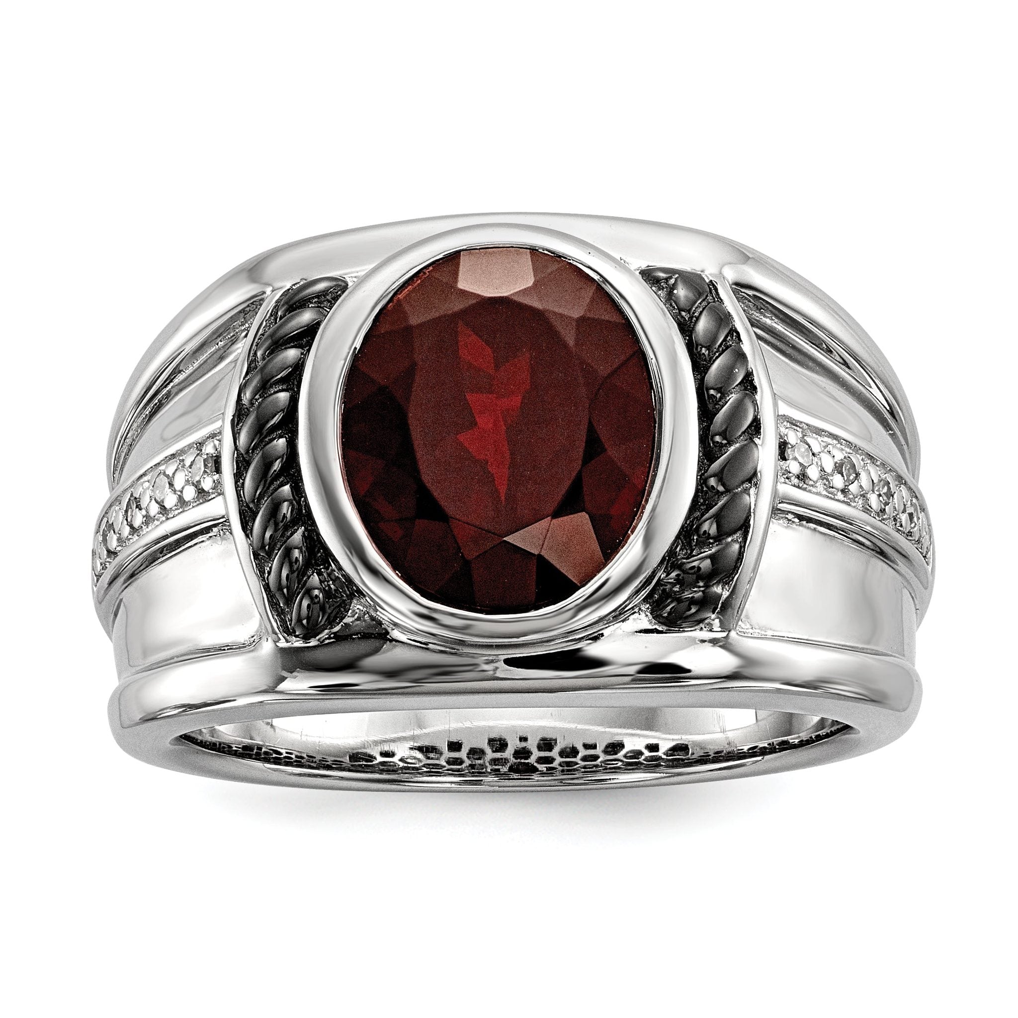 White Night Sterling Silver Black Rhodium-plated Garnet and Diamond Oval Men's Ring Main image