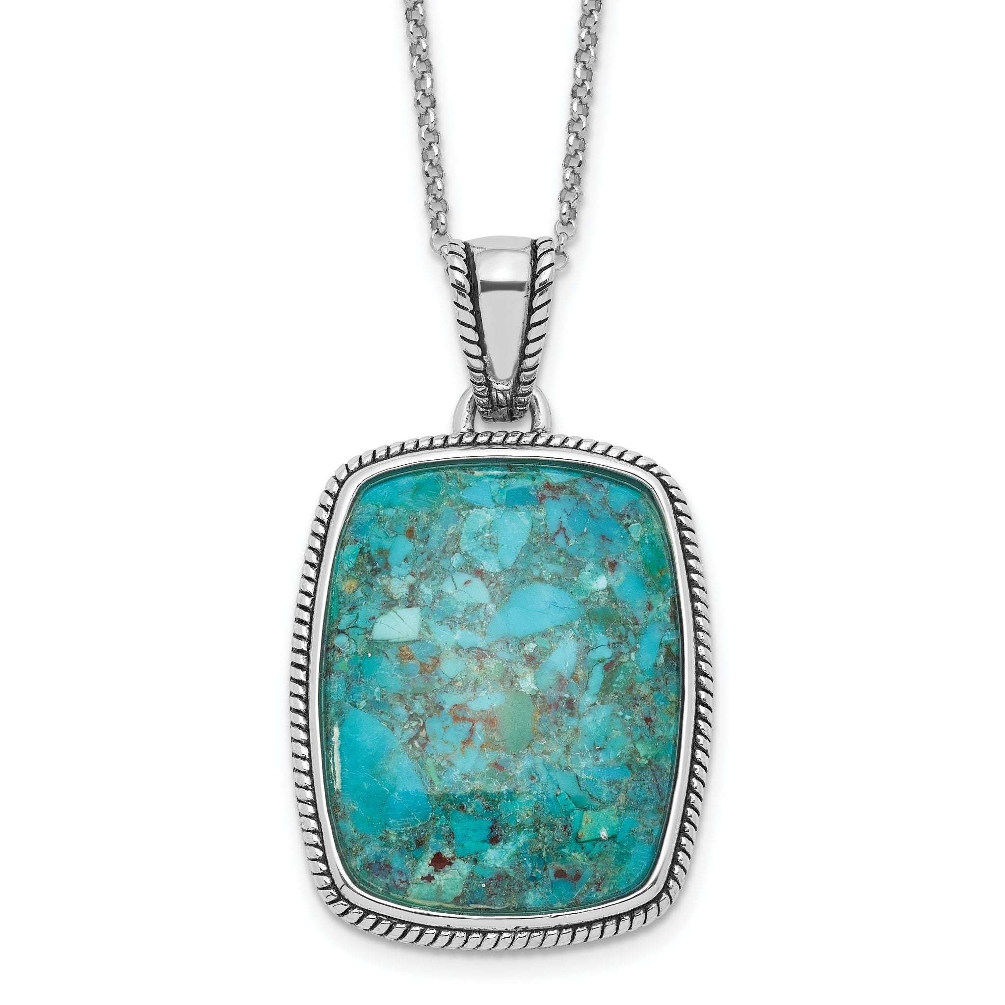 Sterling Silver Rhodium-Plated-pl Oxidized Compressed Turquoise w/1.75in ext Necklace Main image