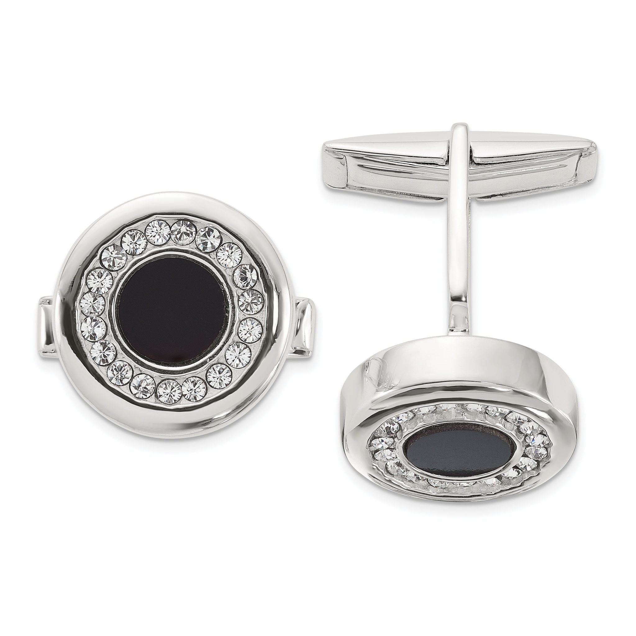 Sterling Silver Round Onyx and Crystal Cuff Links Main image