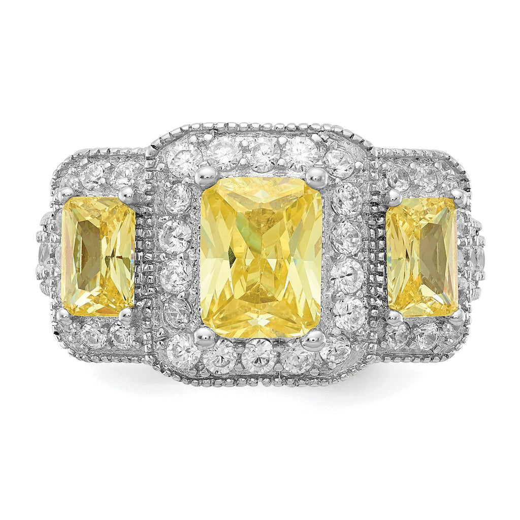 Cheryl M Sterling Silver Rhodium-plated Yellow Radiant-cut and White Brilliant-cut CZ 3 Stone Ring