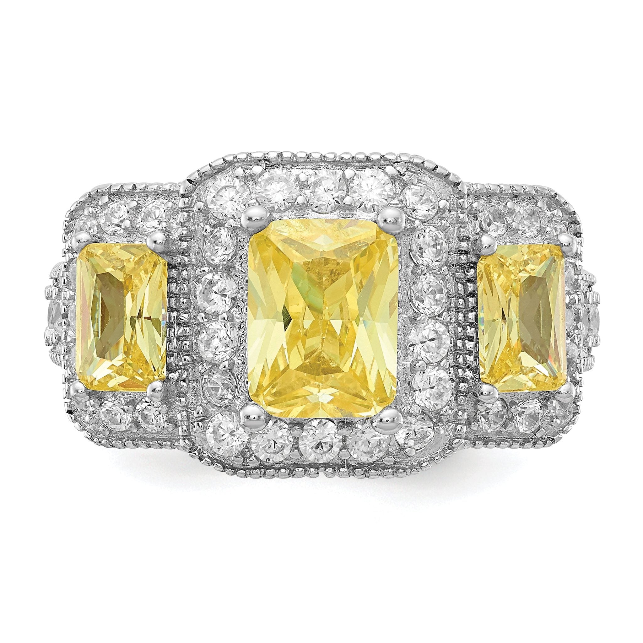 Cheryl M Sterling Silver Rhodium-plated Yellow Radiant-cut and White Brilliant-cut CZ 3 Stone Ring