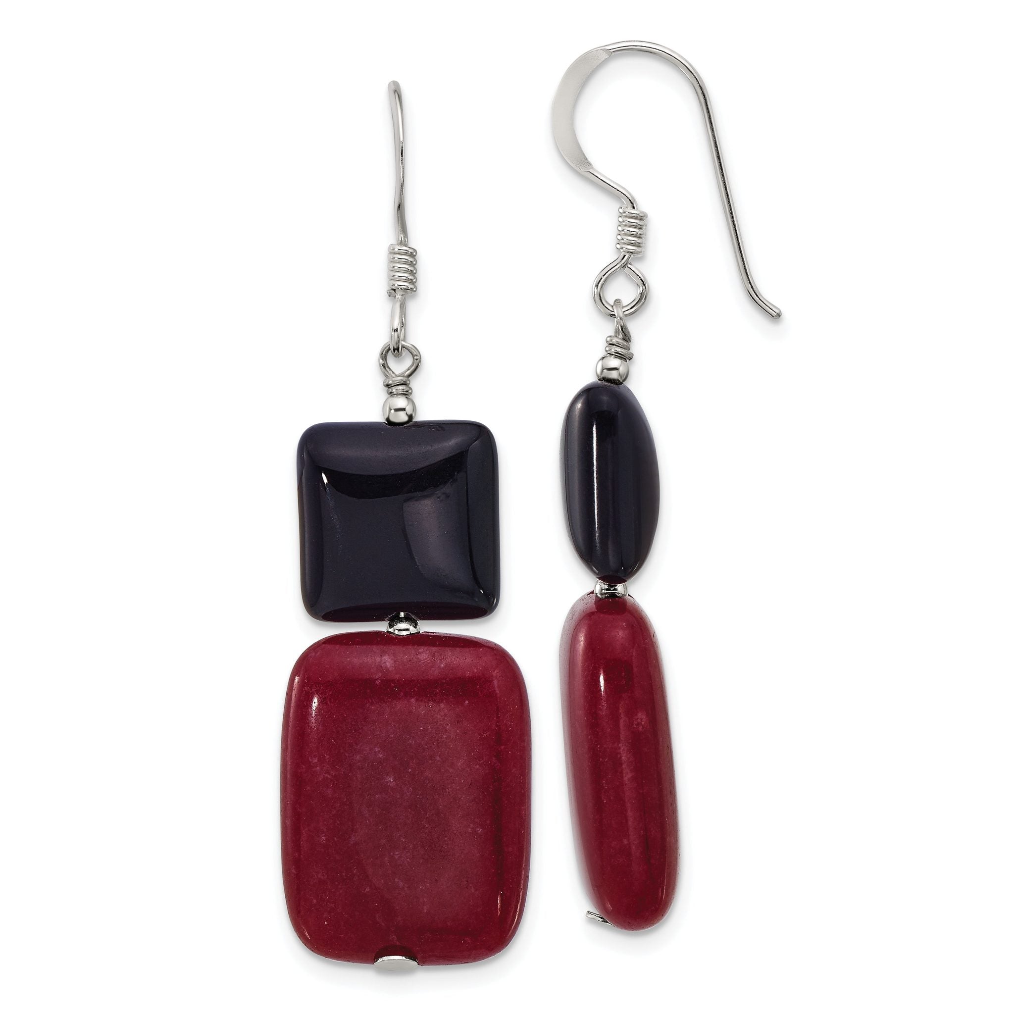 Sterling Silver Polished Black Agate and Red Jade Dangle Earrings Main image