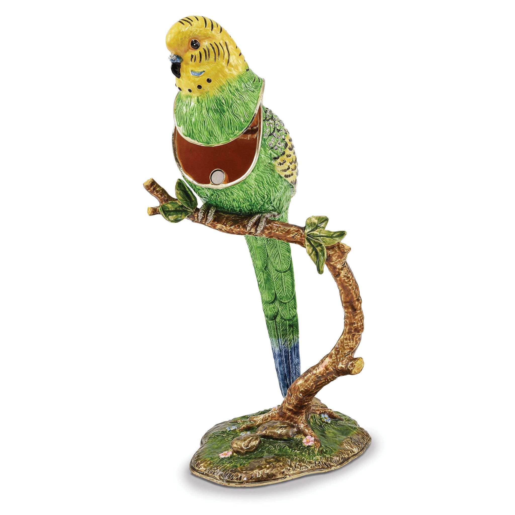 Luxury Giftware Pewter Bejeweled Crystals Gold-tone Enameled PACO Large Parakeet Parrot Trinket Box with Matching 18 Inch Necklace Secondary image