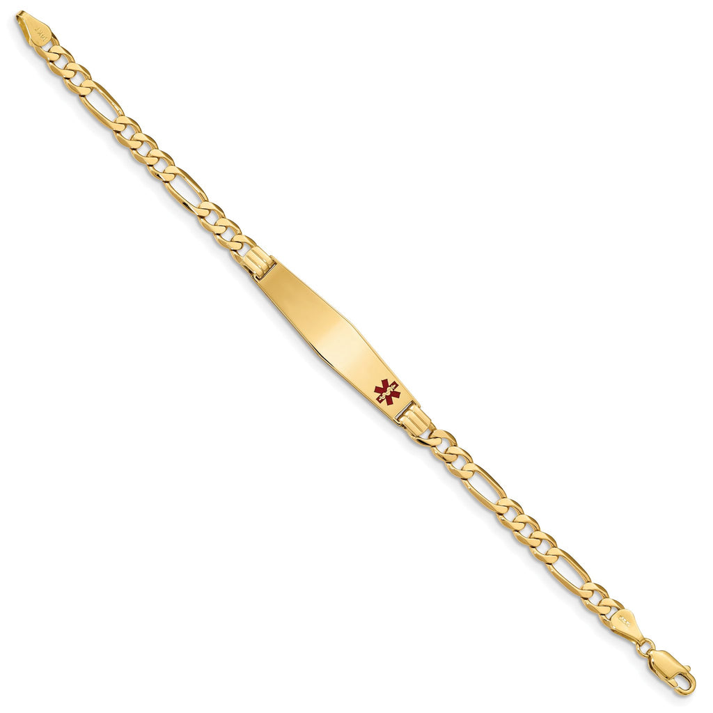 14K Medical Solid Chain/Solid Plate Soft Diamond Shape 36x9mm Off-Center Red Enamel Flat Figaro Link 8 inch ID Bracelet