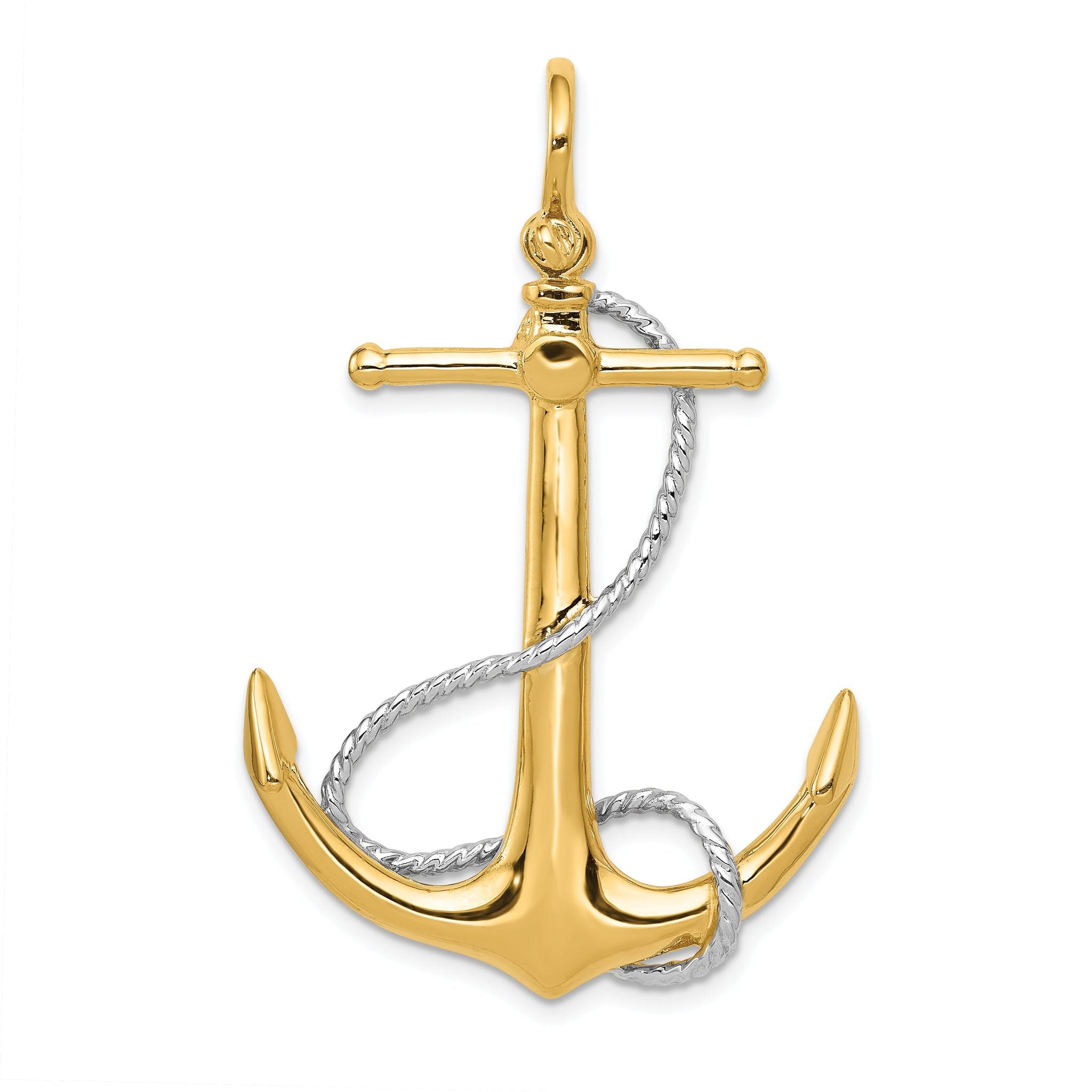 14K Two-Tone Gold 3D Anchor Pendant with Rope Accent for Men