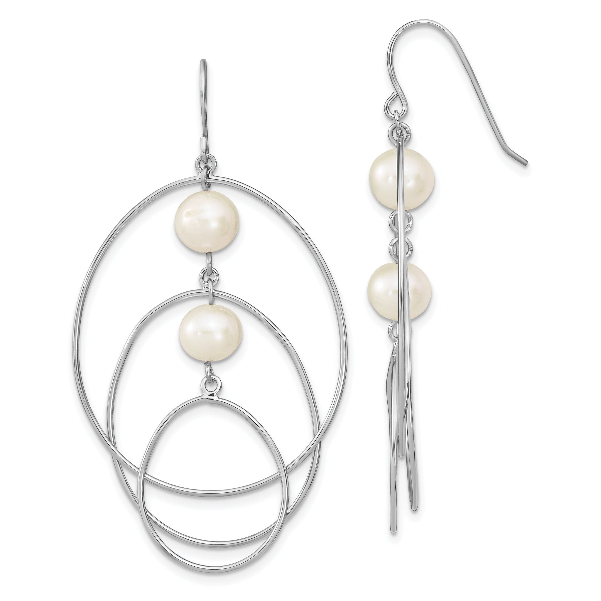 Sterling Silver Rhodium-plated 8-9mm White Semi-Round Freshwater Cultured Pearl Circles Dangle Earrings Main image