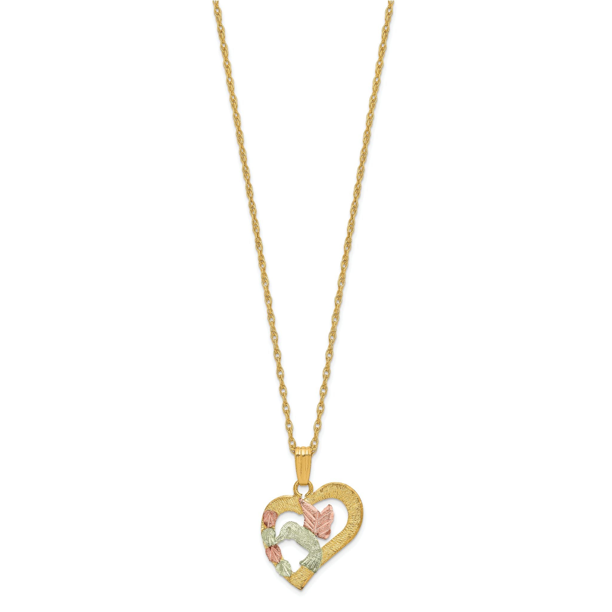 10K Tri-Color Gold Hummingbird Heart Necklace with Polished Black Hills Design