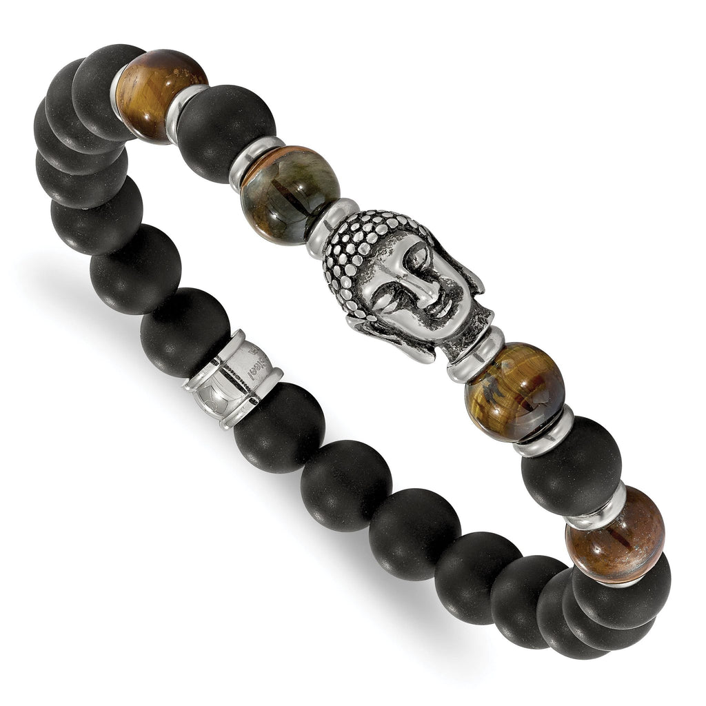 Stainless Steel Antiqued and Polished Buddha 8mm Black Agate and Tiger's Eye Beaded Stretch Bracelet for Men