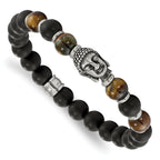Stainless Steel Antiqued and Polished Buddha 8mm Black Agate and Tiger's Eye Beaded Stretch Bracelet for Men