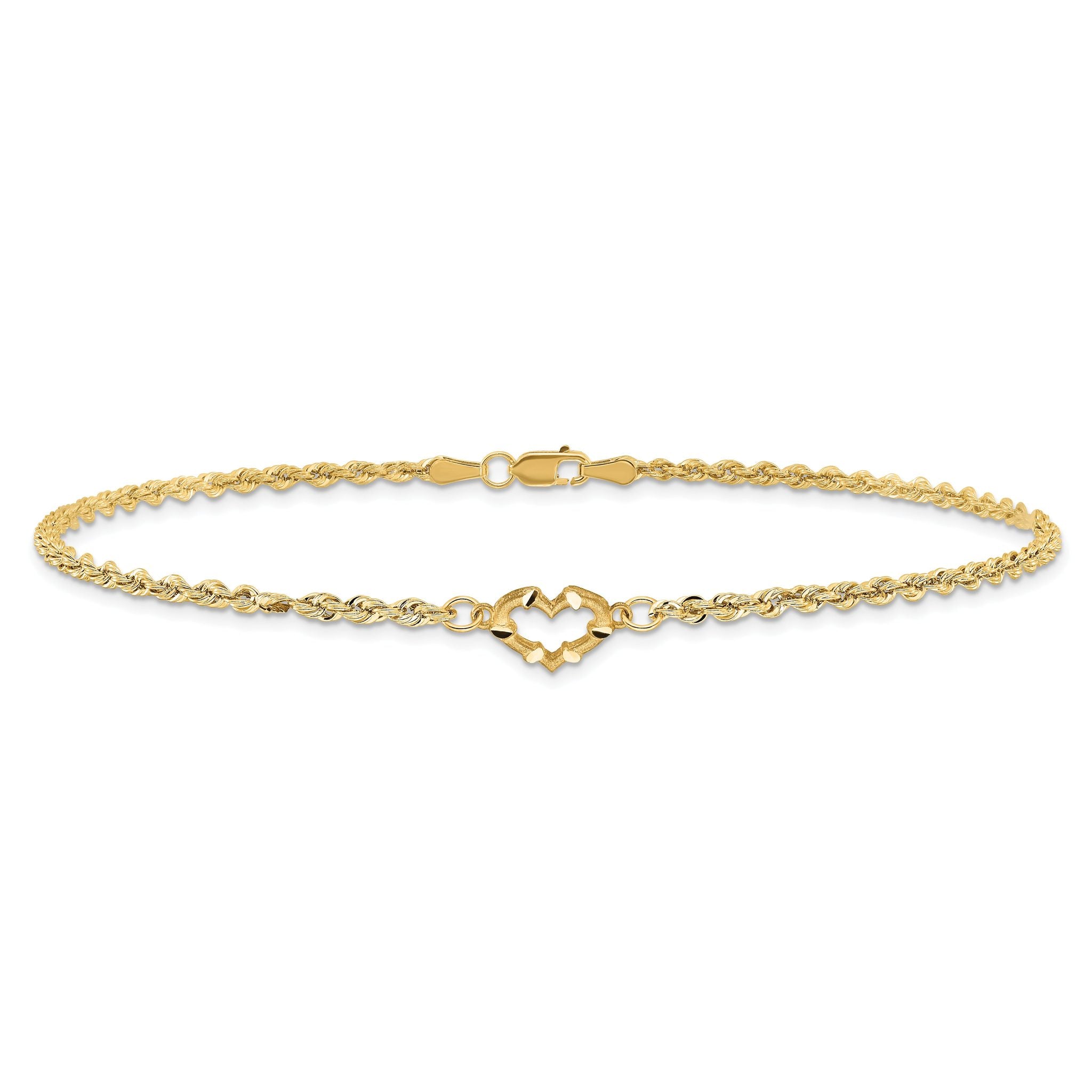 10k Diamond-cut Open Heart and Rope Chain 9 inch Anklet