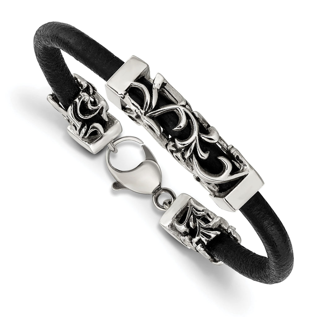 Stainless Steel Antiqued & Polished Filigree Black Leather Cord Bracelet for Men
