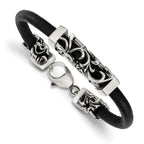 Stainless Steel Antiqued & Polished Filigree Black Leather Cord Bracelet for Men