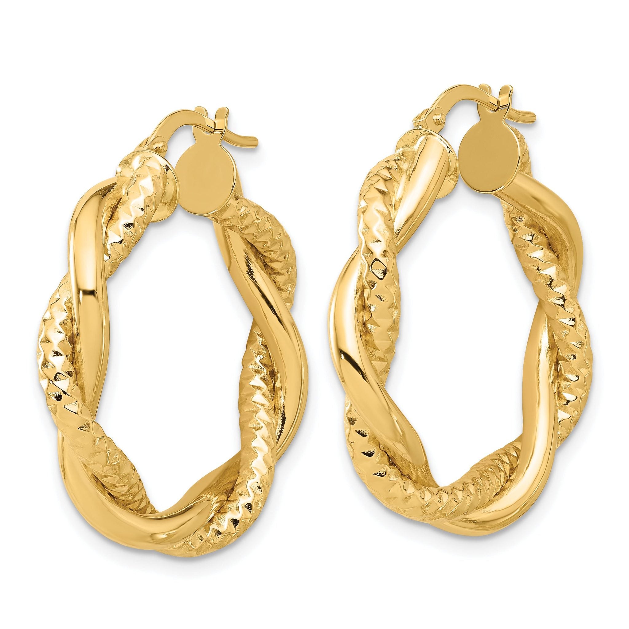 14K Polished and Textured Twisted Round Hoop Earrings
