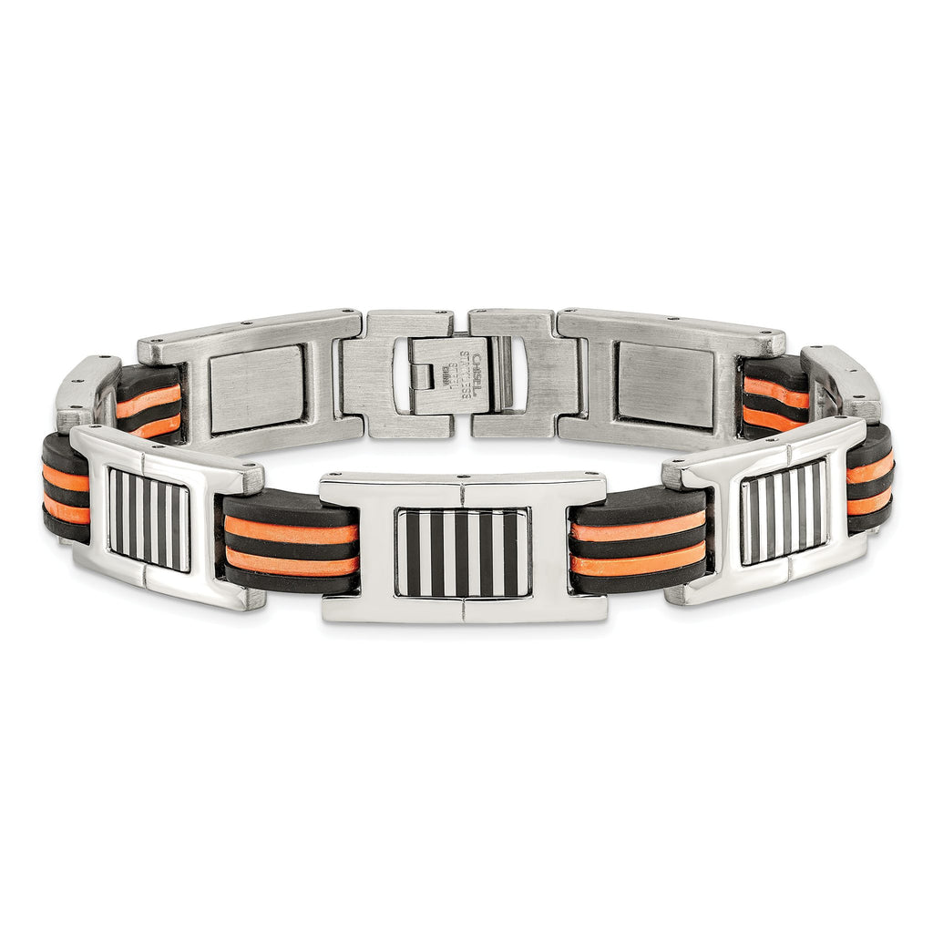 Stainless Steel Polished with Black and Orange Rubber Link Bracelet for Men