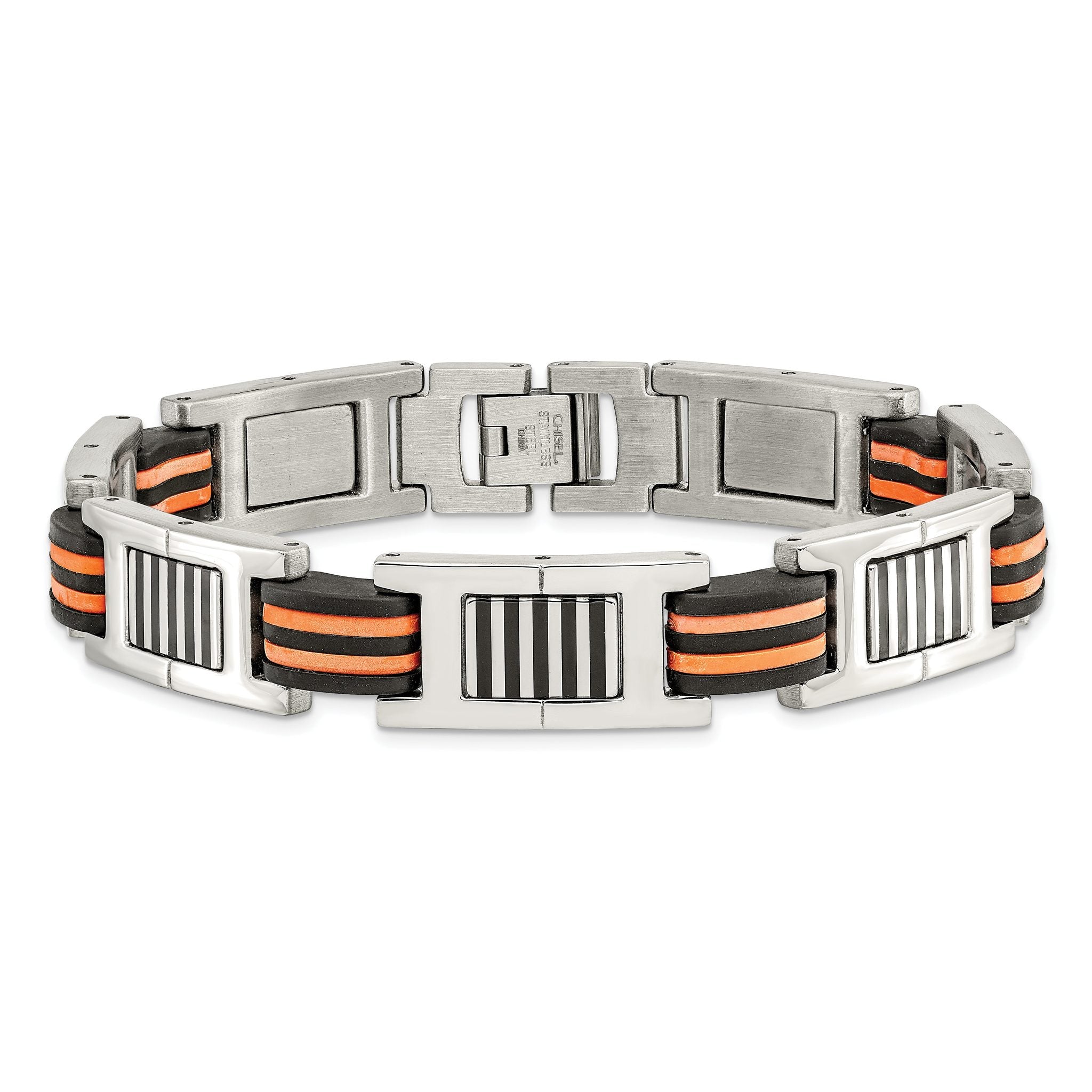 Stainless Steel Polished with Black and Orange Rubber Link Bracelet for Men