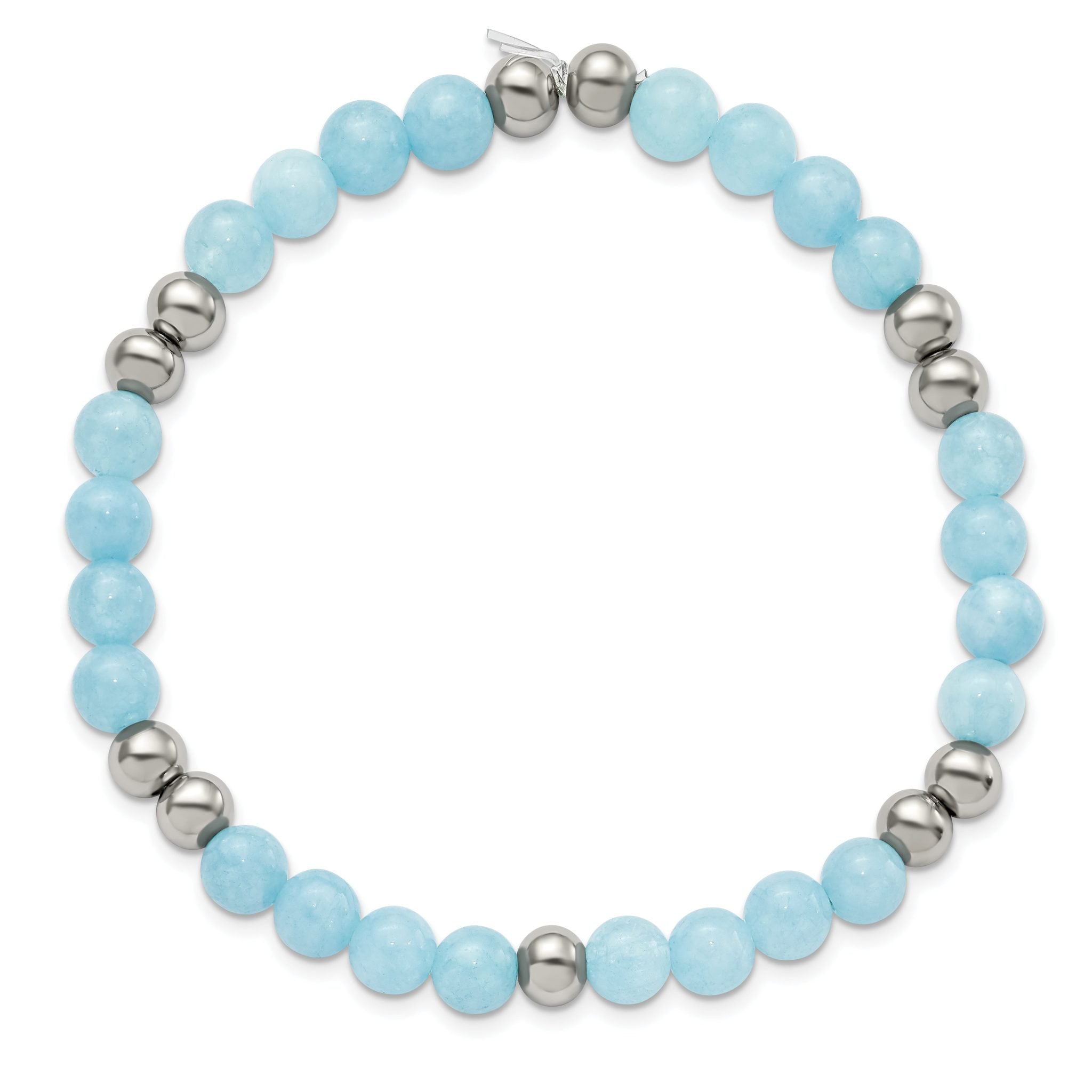 Stainless Steel Polished 6mm Blue Quartz Beaded Stretch Bracelet for Women