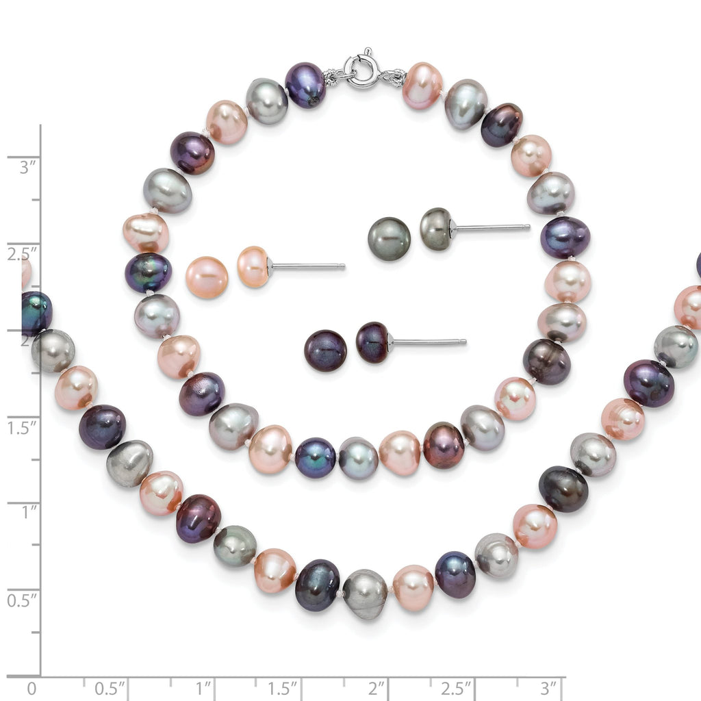 Sterling Silver RH 6-7mm Bla/Pi/G FWC Pearl Neck 7.25 Brac&3pc Earring Set