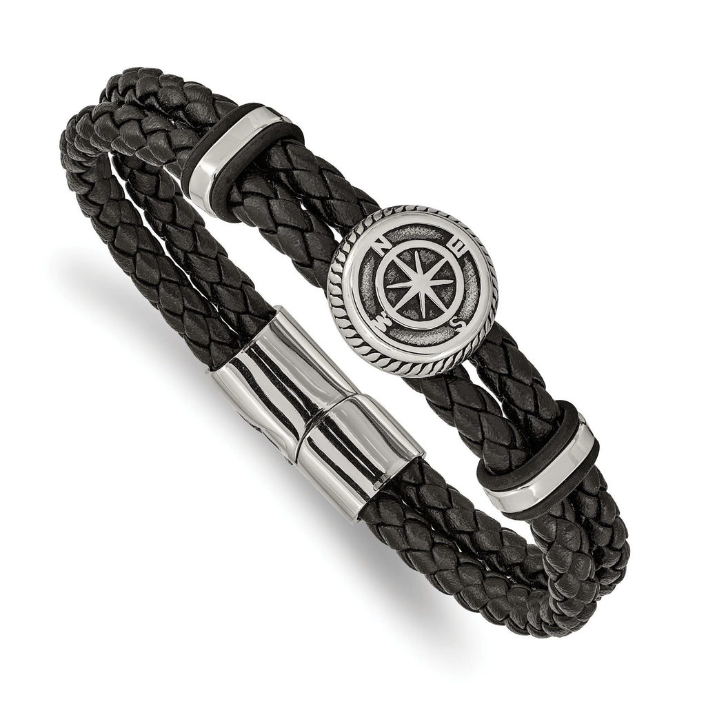 Stainless Steel Antiqued and Polished Compass Braided Black Leather Bracelet for Men