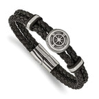 Stainless Steel Antiqued and Polished Compass Braided Black Leather Bracelet for Men