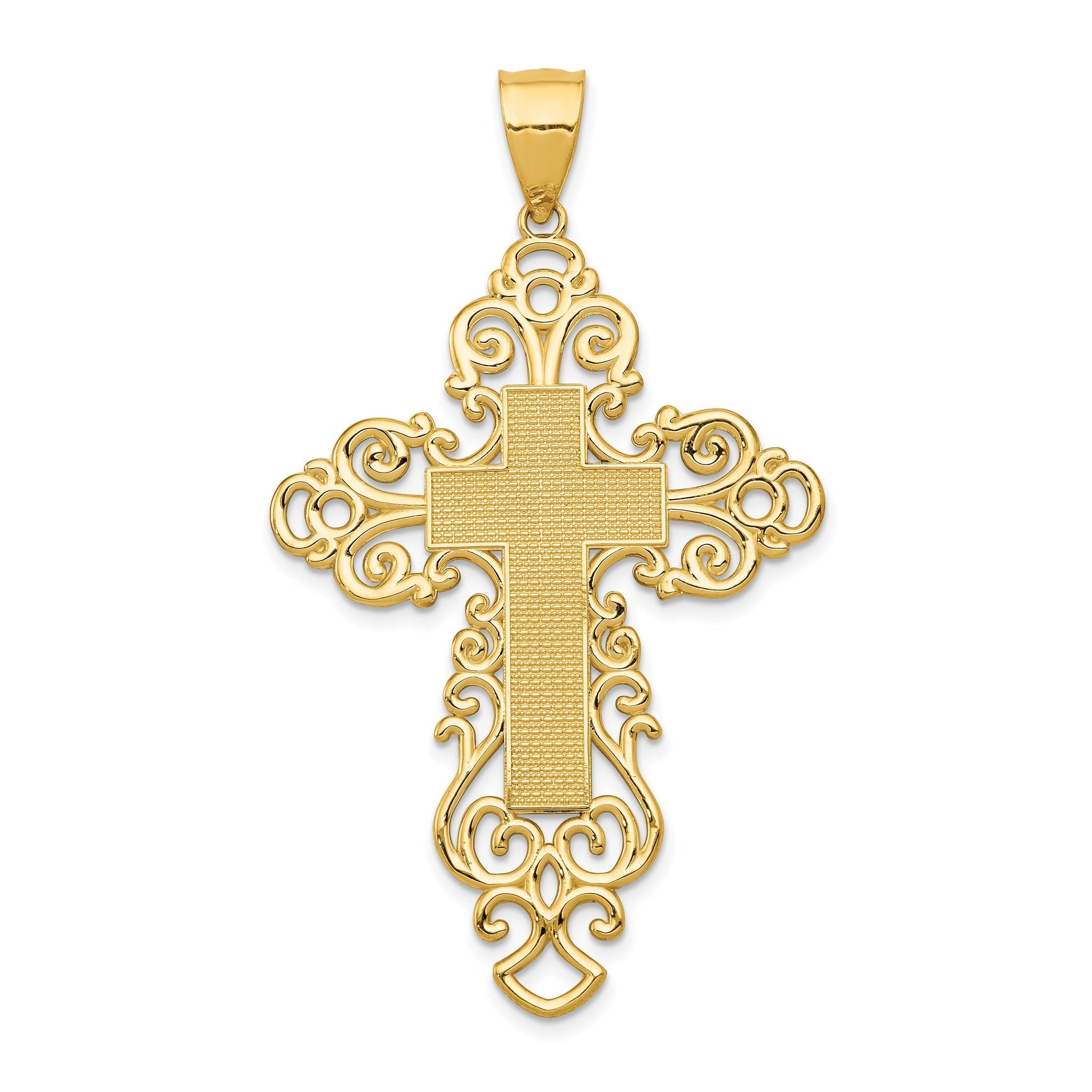 14K Yellow Gold Polished Fancy Cross Pendant with Textured Design