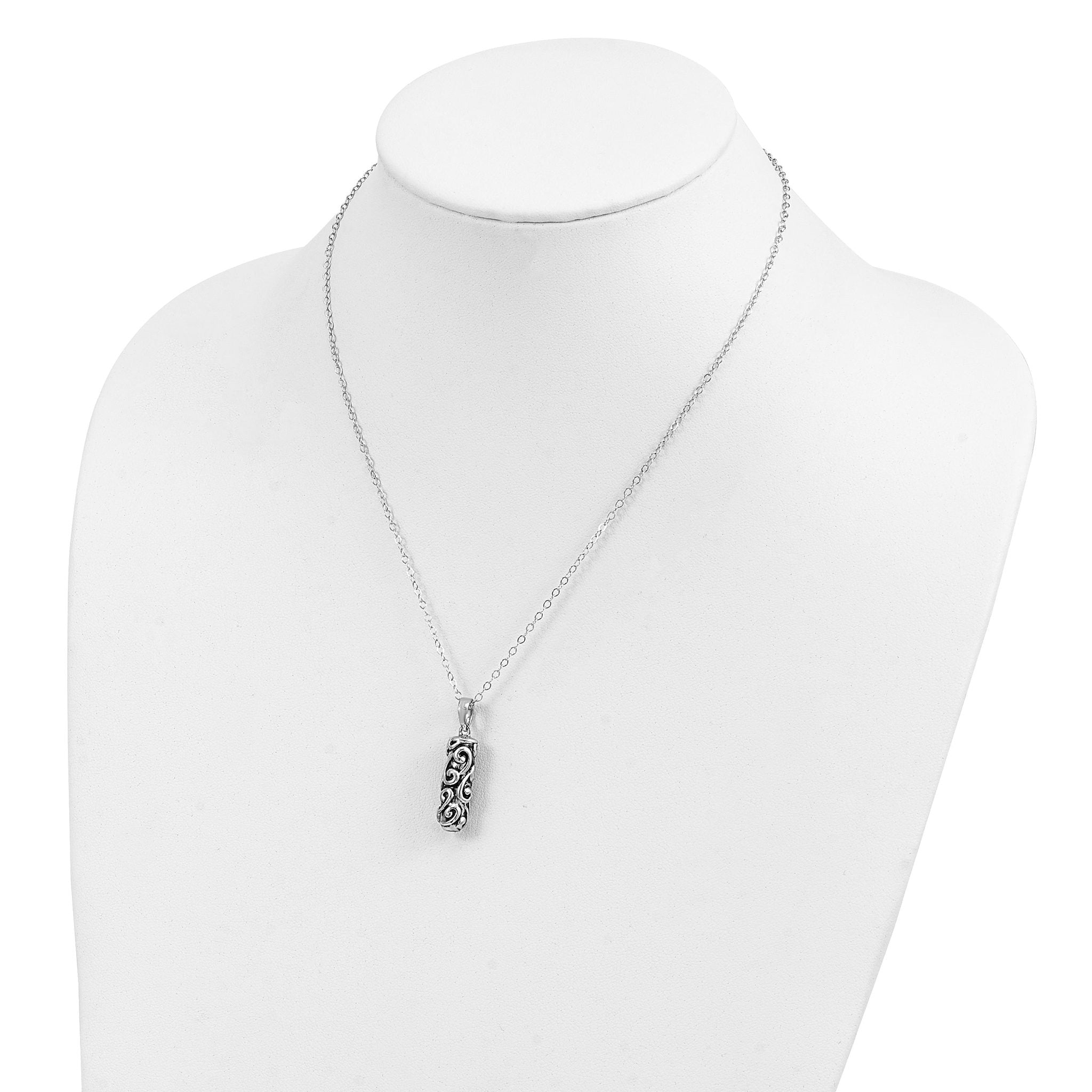 Sentimental Expressions Sterling Silver Rhodium-plated Antiqued Cylinder Remembrance Ash Holder 18in Necklace