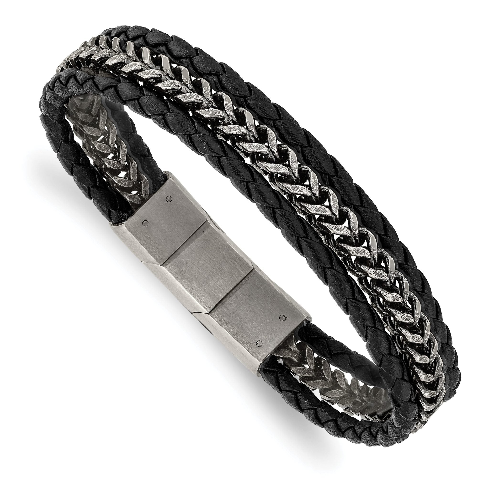 Stainless Steel Antiqued and Brushed Multi Strand Chain and Black Leather Bracelet with . Extension for Men
