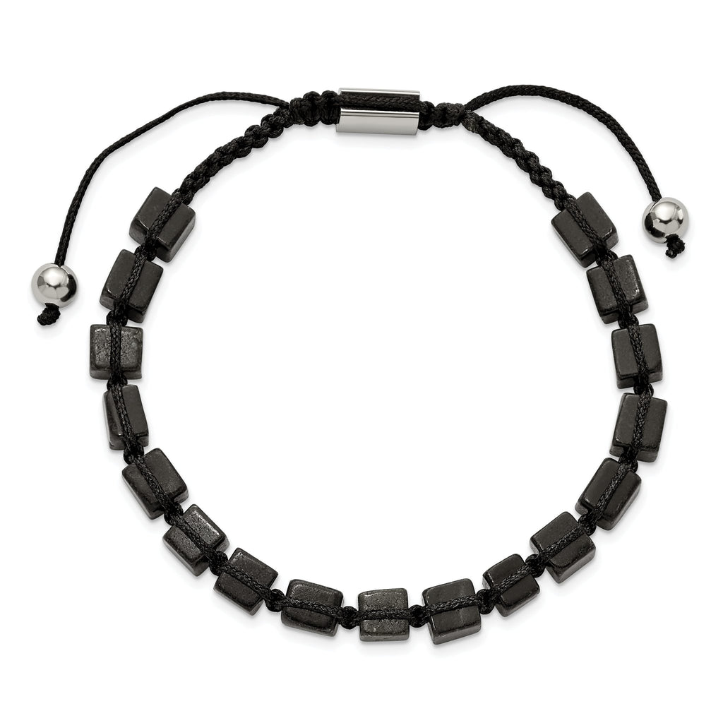 Stainless Steel Polished with Black Agate Black Macrame Adjustable Bracelet
