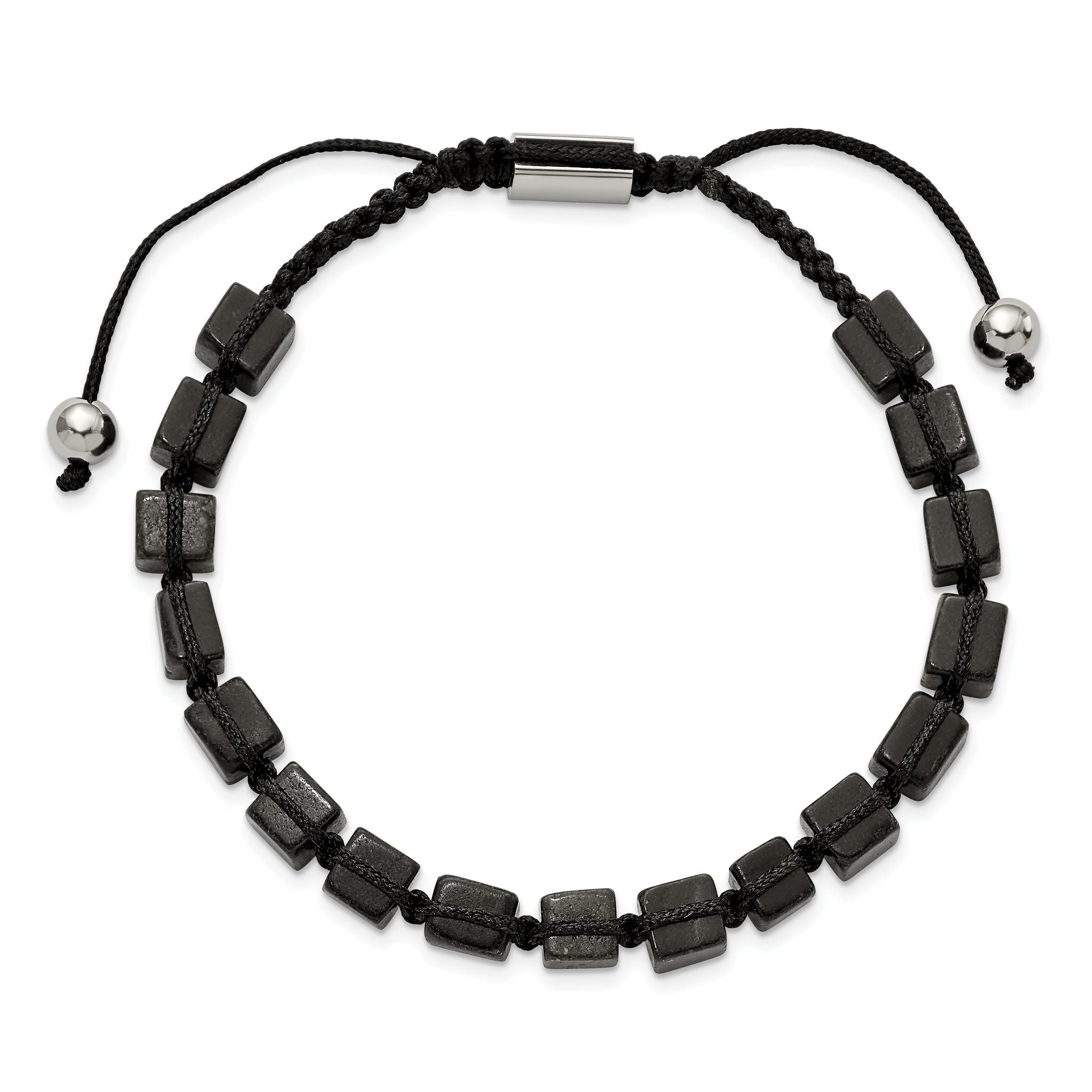 Stainless Steel Polished with Black Agate Black Macrame Adjustable Bracelet