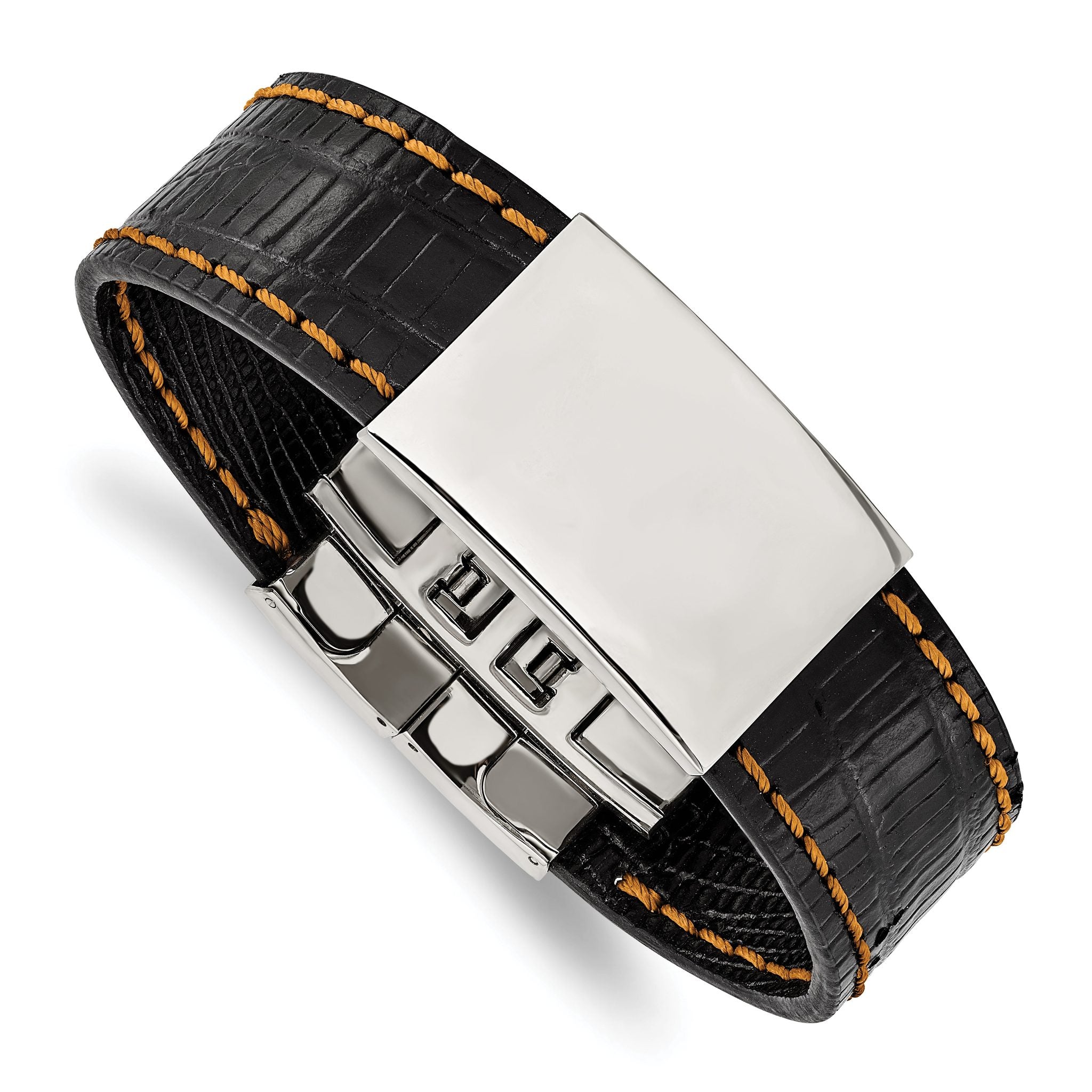 Stainless Steel Polished Black Leather/Orange Stitch ID Bracelet for Men Main image