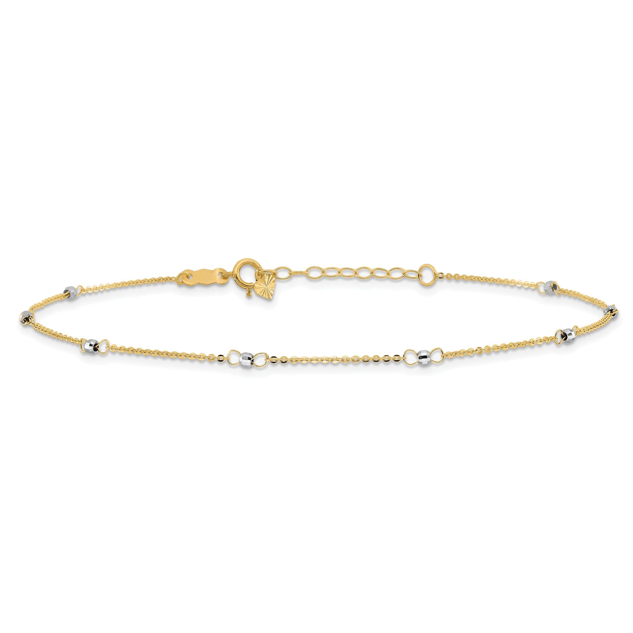 14k Two-tone Cable Chain Mirror Beads 8-Station 9 inch Plus 1 inch Extender - Total 10 inch Anklet Secondary image