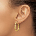 14K Polished and Textured Twisted Round Hoop Earrings