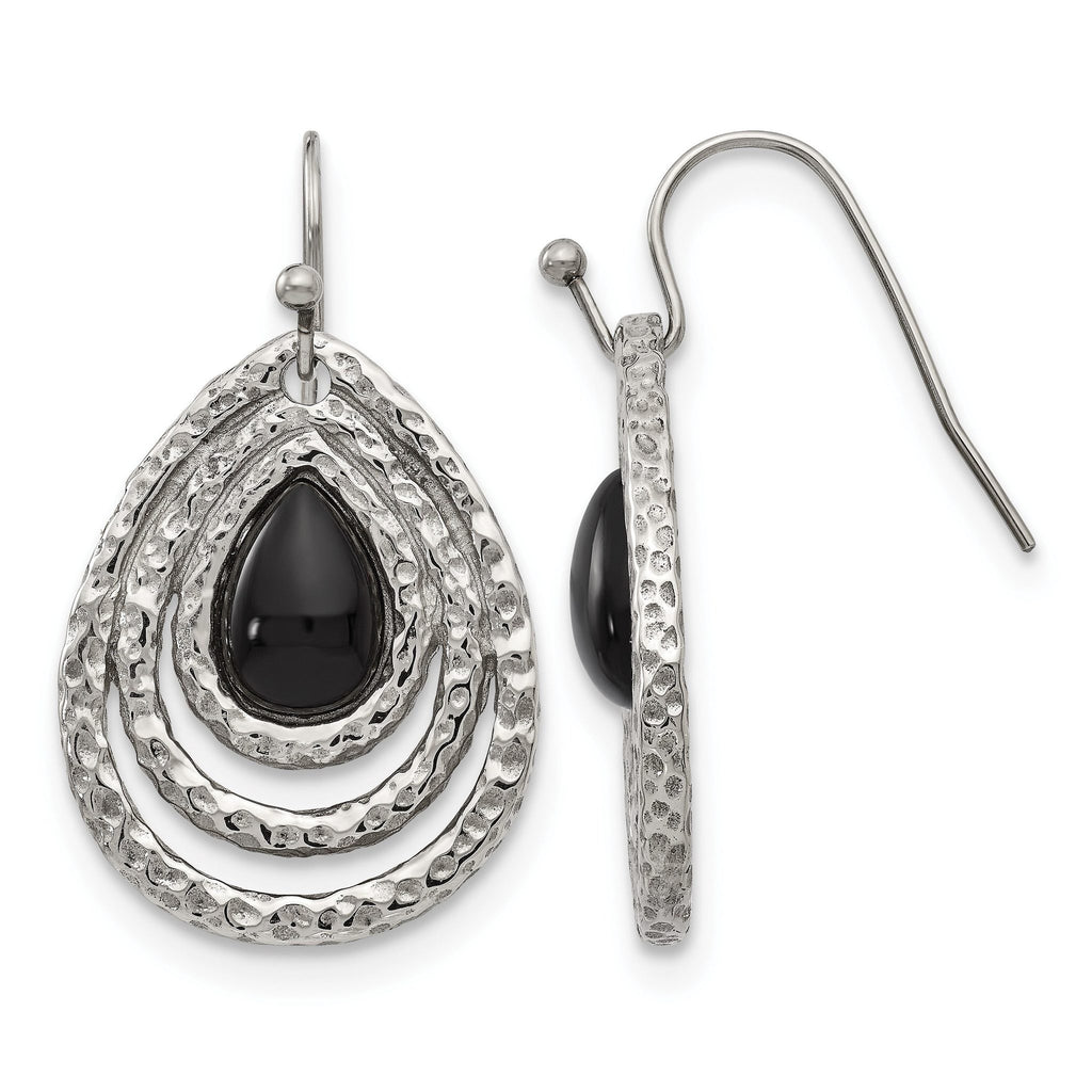 Stainless Steel Polished Textured Black Onyx Drop Dangle Earrings for Women