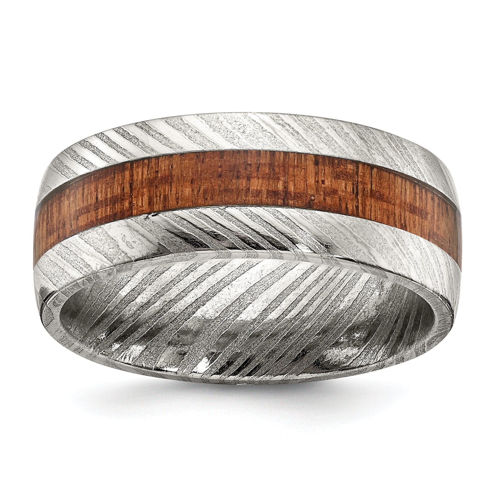 Sapele Wood Inlay Wedding Band in Damascus Steel, 8mm Main image
