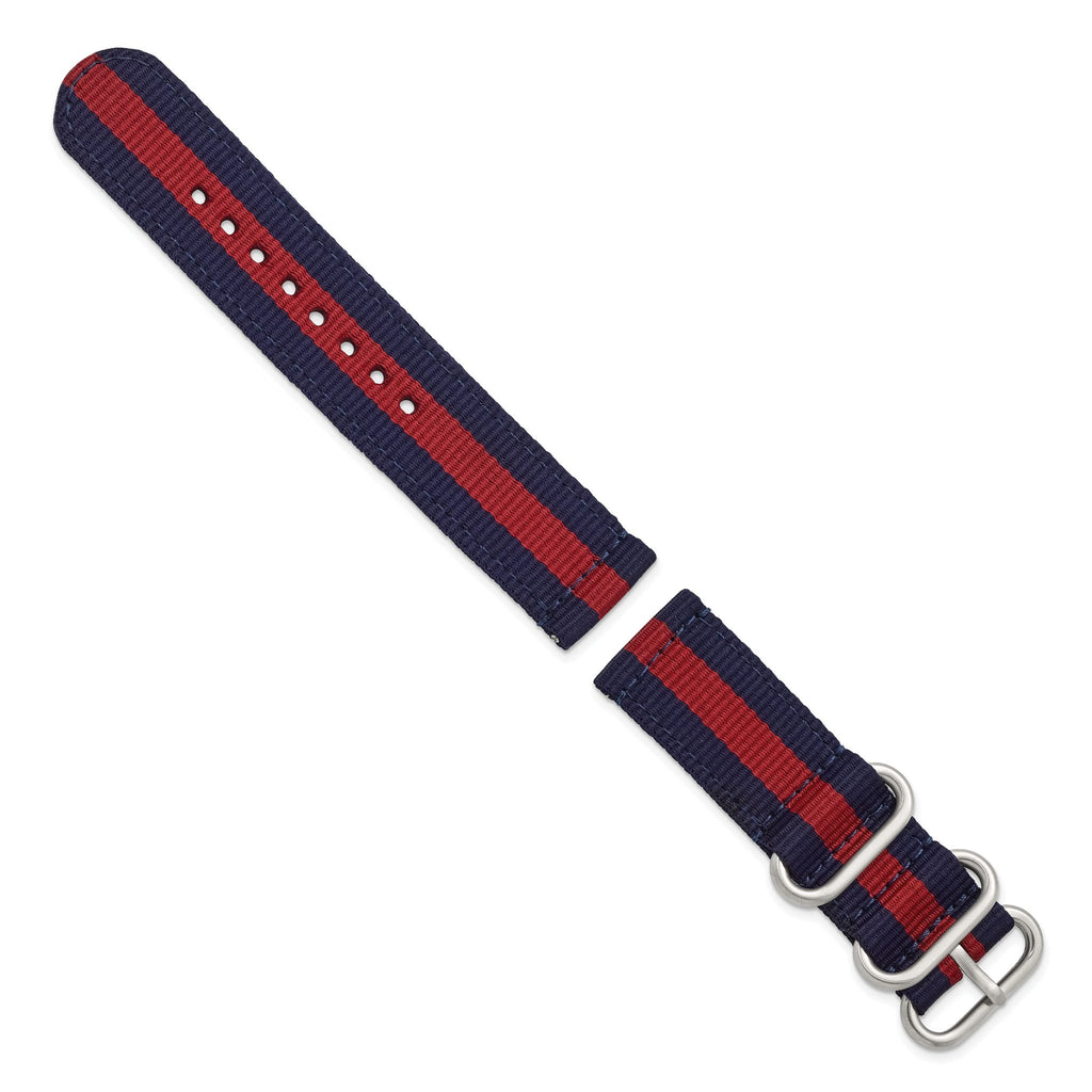 Navy & Red Stripe Nylon Watch Band in Stainless Steel, 24mm