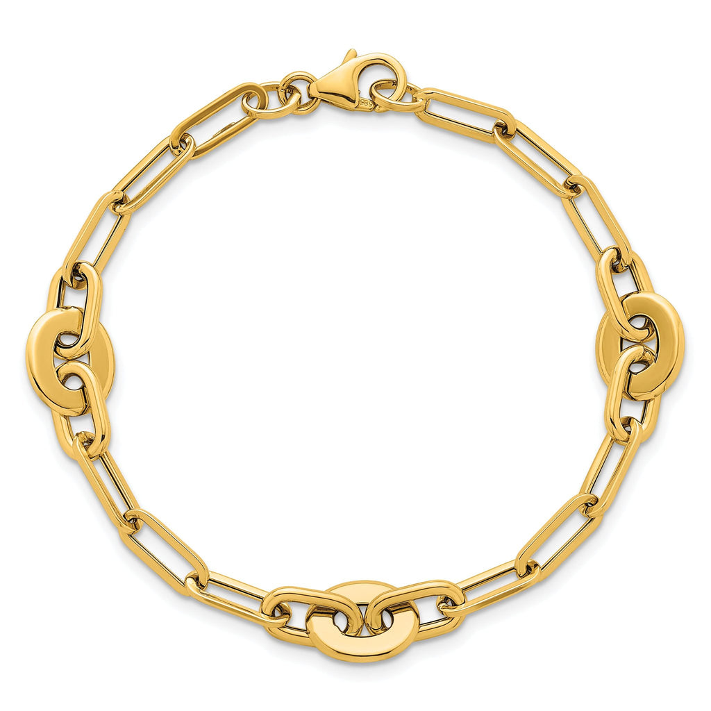 14K Polished Flat Oval and Paperclip Link 7.25 Inch Bracelet