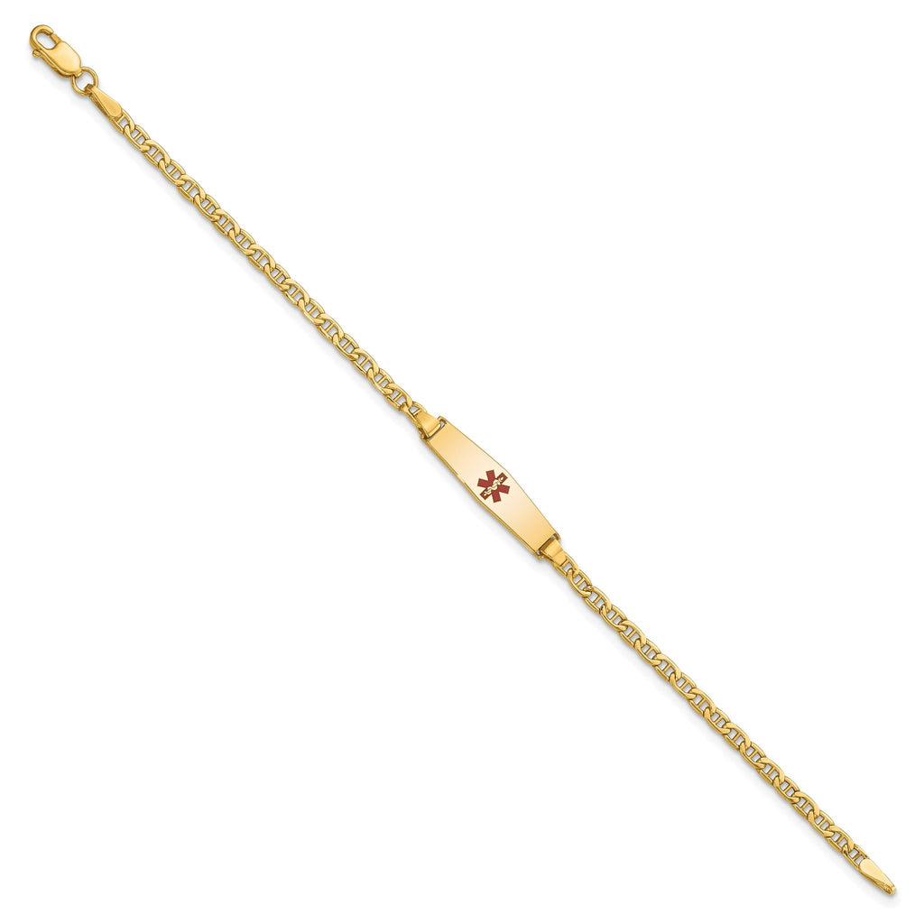 14k Medical Semi-Solid Chain/Solid Plate 20x5mm Soft Diamond Shape Centered Red Enamel Anchor Link 7 inch ID Bracelet